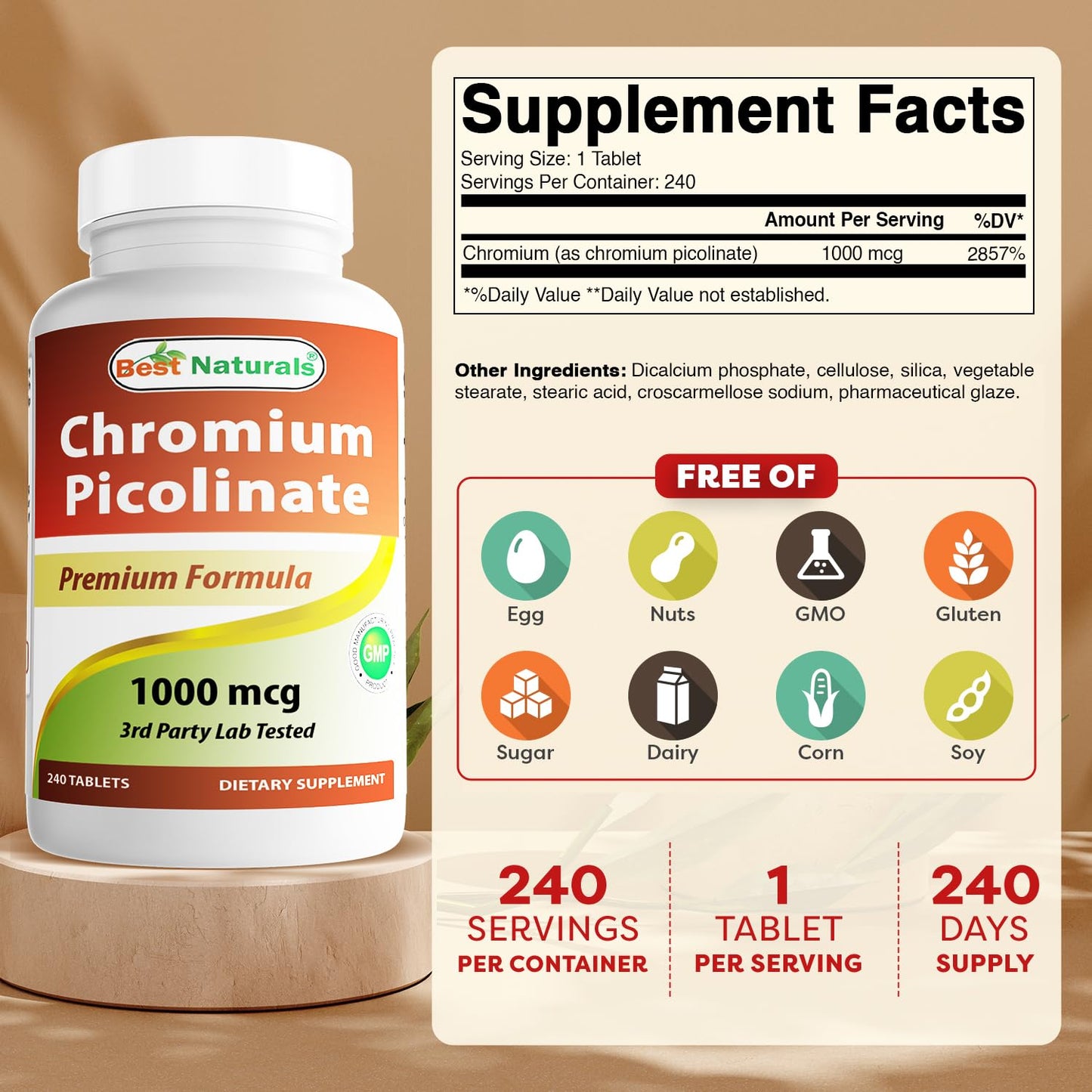 Best Naturals Chromium Picolinate 1000mcg — 240 Tablets (Pack of 2)
