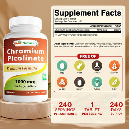 Best Naturals Chromium Picolinate 1000mcg — 240 Tablets (Pack of 2)