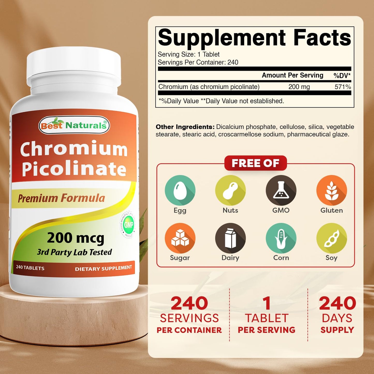 Best Naturals Chromium Picolinate Tablet 200 mcg – 240 Count (Pack of 2) | Non-GMO, Gluten-Free