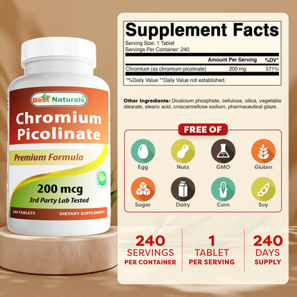 Best Naturals Chromium Picolinate Tablet 200 mcg – 240 Count (Pack of 2) | Non-GMO, Gluten-Free