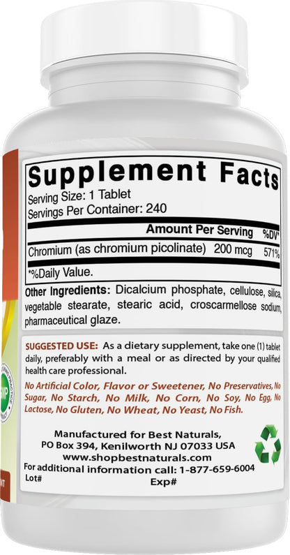 Best Naturals Chromium Picolinate Tablet 200 mcg – 240 Count (Pack of 2) | Non-GMO, Gluten-Free