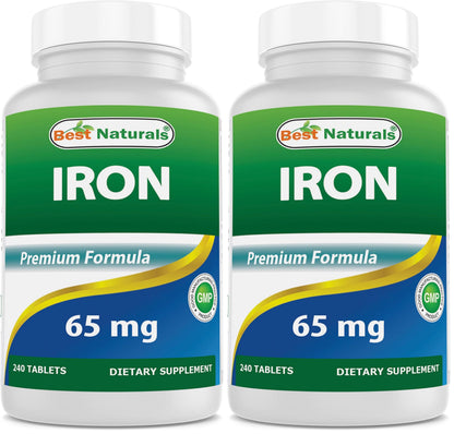 Best Naturals Iron Supplement 65 mg - 240 Tablets - Non-GMO & Gluten Free (Pack of 2)