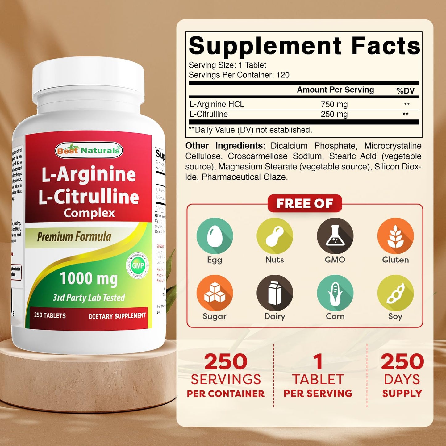 Best Naturals L-Arginine L-Citrulline Complex 1000 mg - 250 Tablets (Pack of 2)