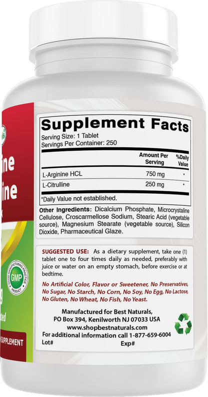 Best Naturals L-Arginine L-Citrulline Complex 1000 mg - 250 Tablets (Pack of 2)