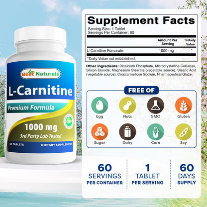 Best Naturals L-Carnitine 1000mg – 60 Tablets (Pack of 2)