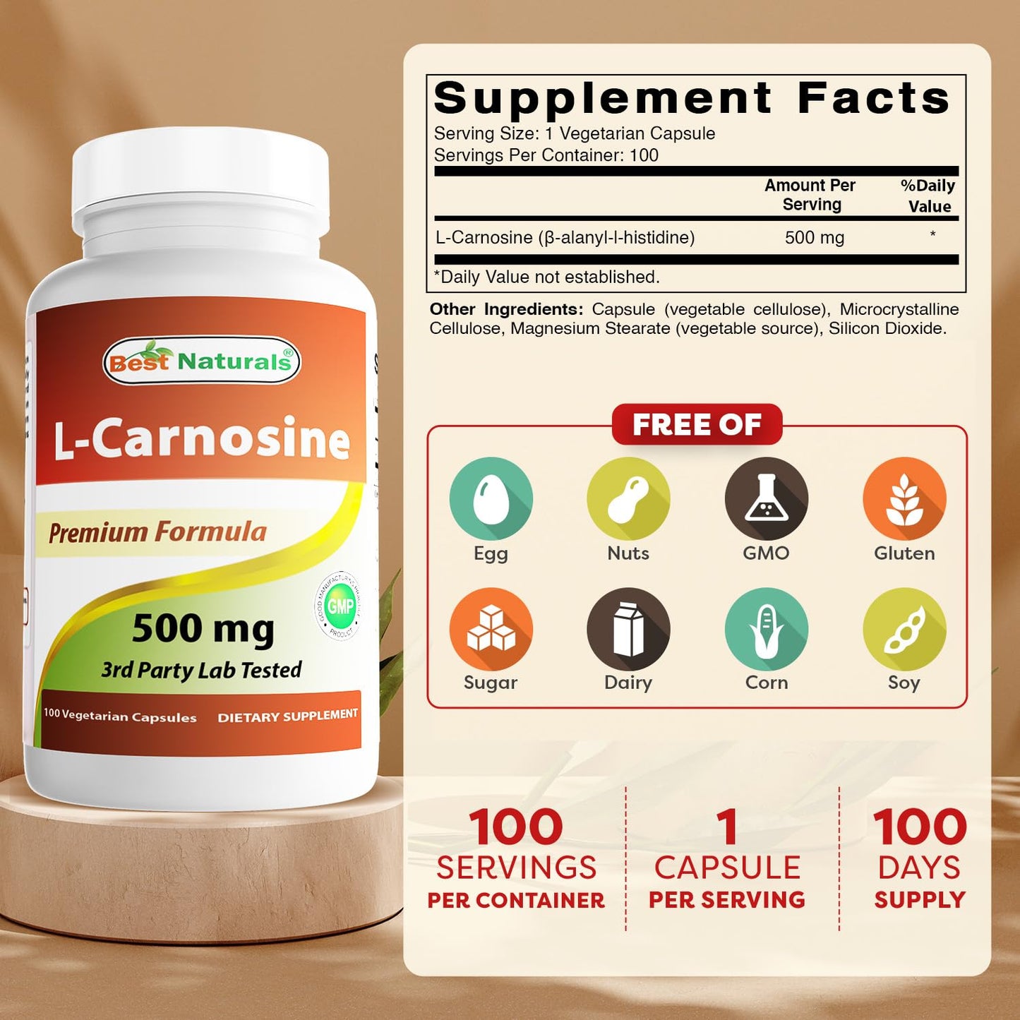Best Naturals L-Carnosine 500 mg – 100 Vcaps (Pack of 3)