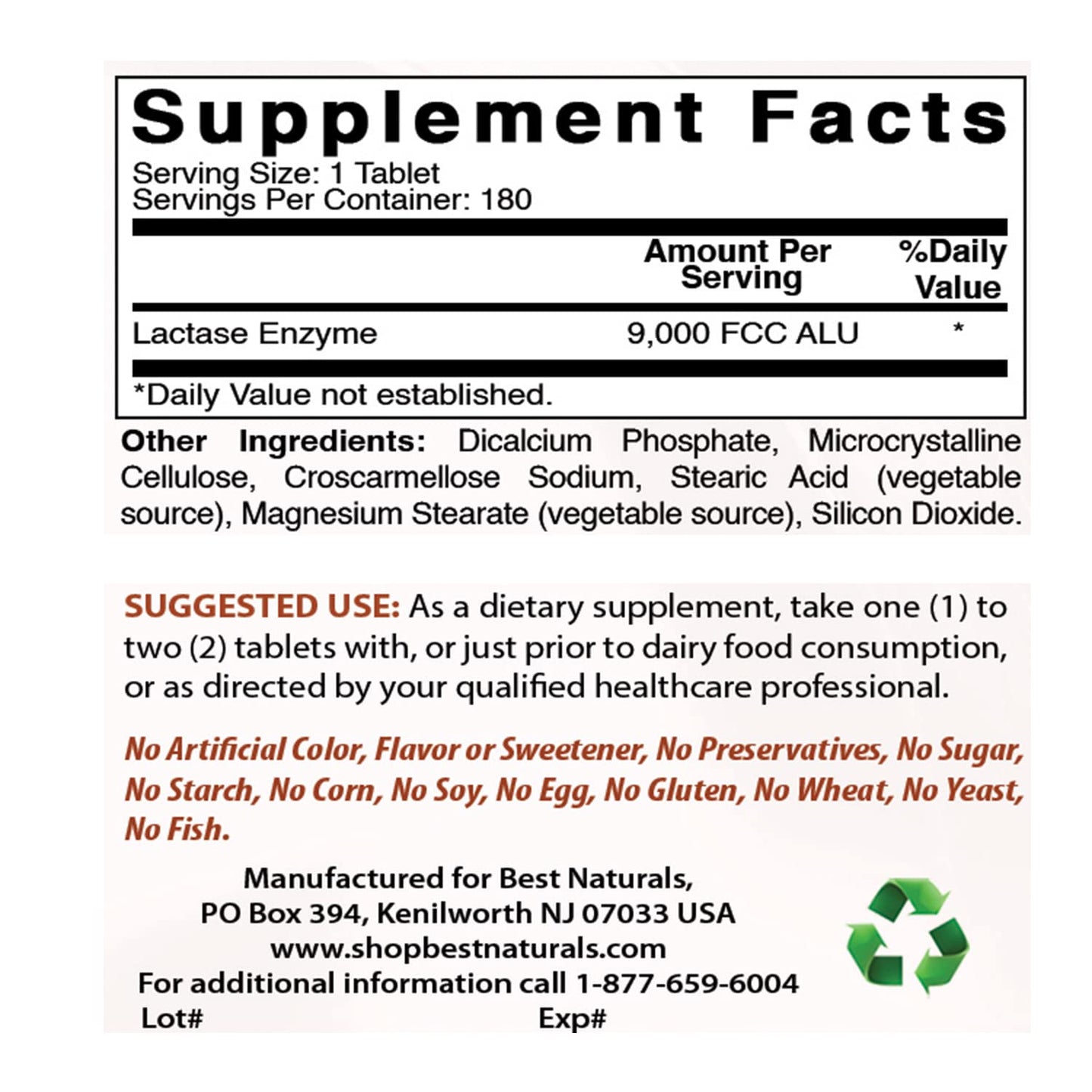 Best Naturals Lactase Enzyme Tablets – 9000 FCC ALU, 180 Count