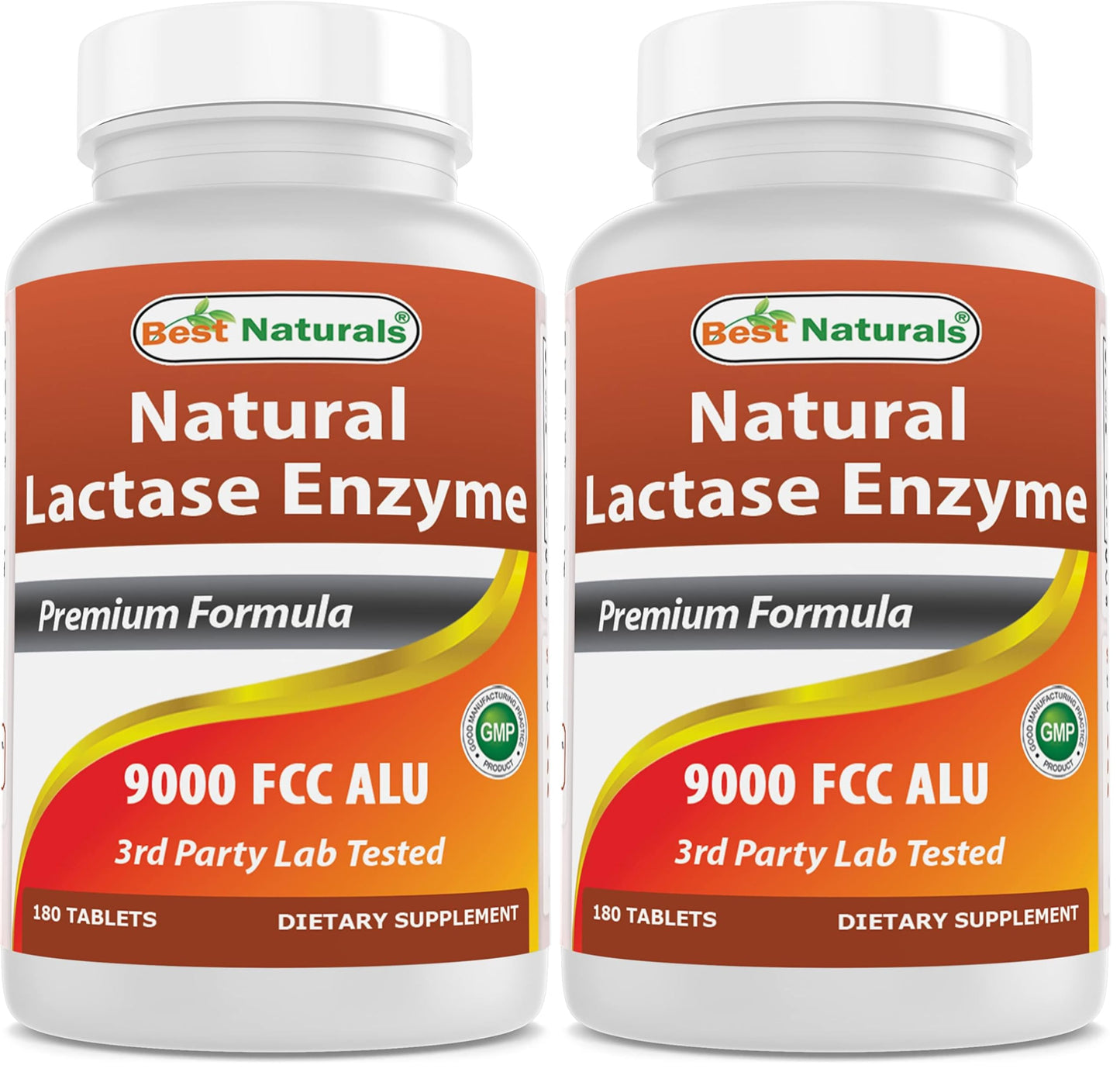 Best Naturals Lactase Enzyme Tablets – Fast Acting 9000 FCC ALU, 180 Count per Bottle, Pack of 2