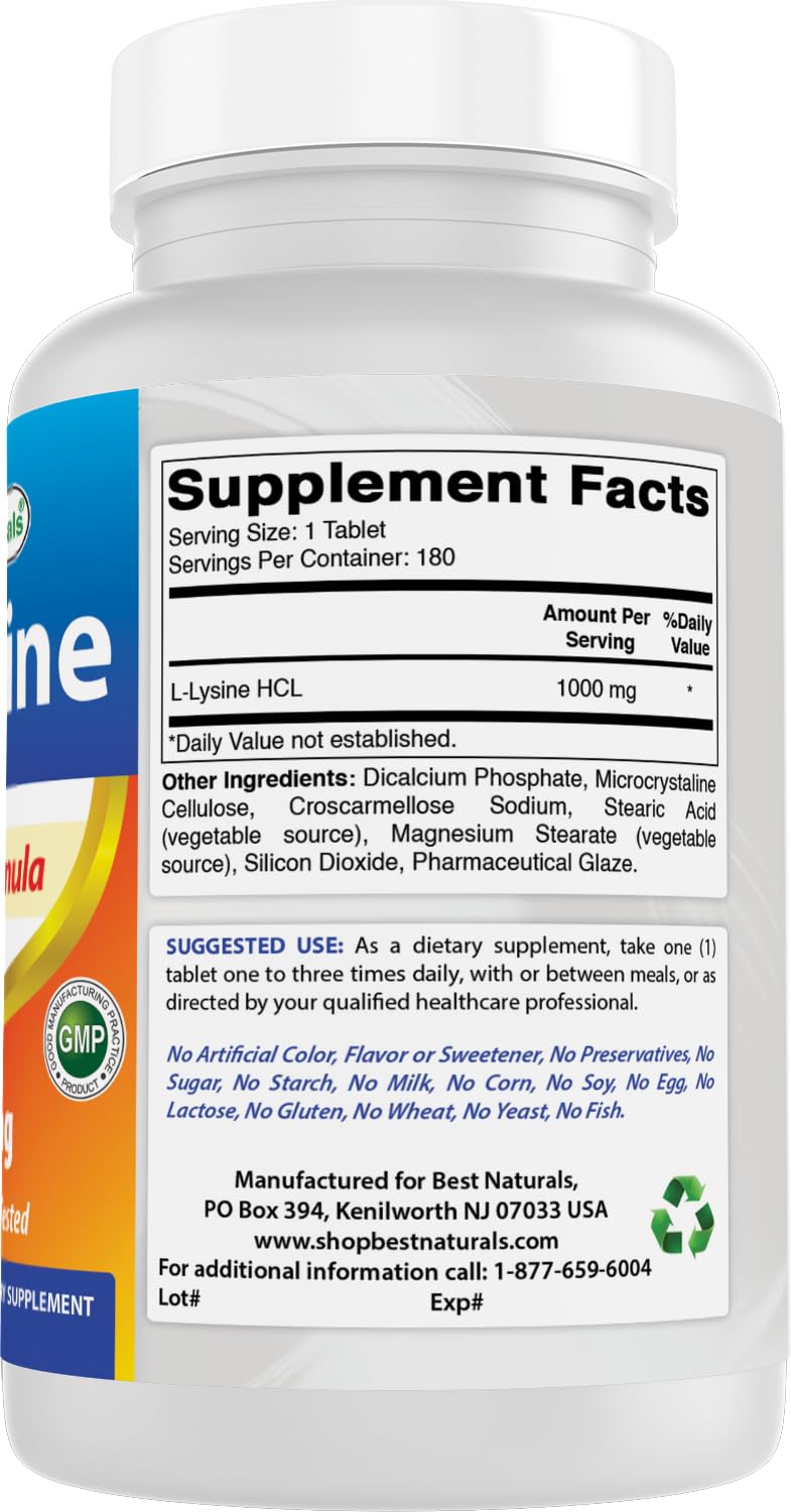 Best Naturals L-Lysine 1000mg – 360 Tablets (2 Bottles)