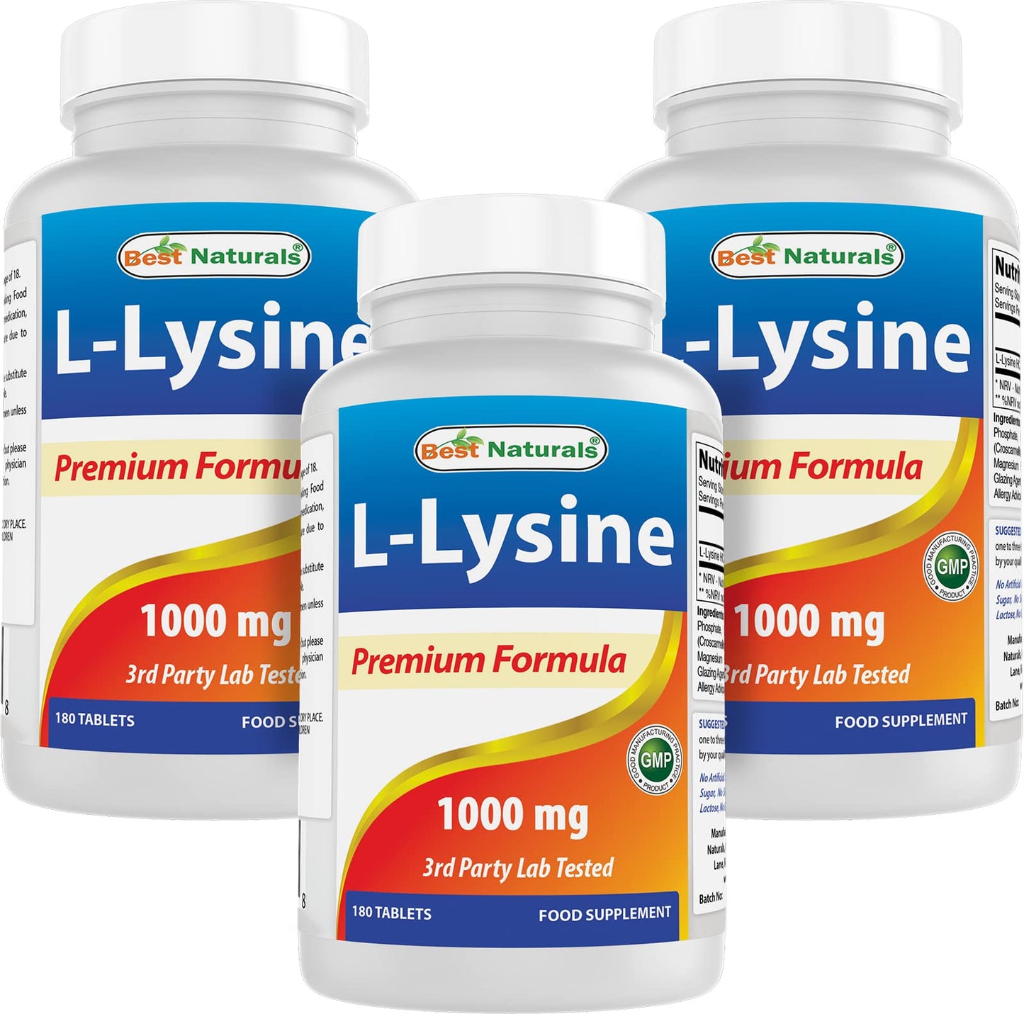 Best Naturals L-Lysine 1000mg – 180 Tablets per Bottle, 3 Bottles Pack