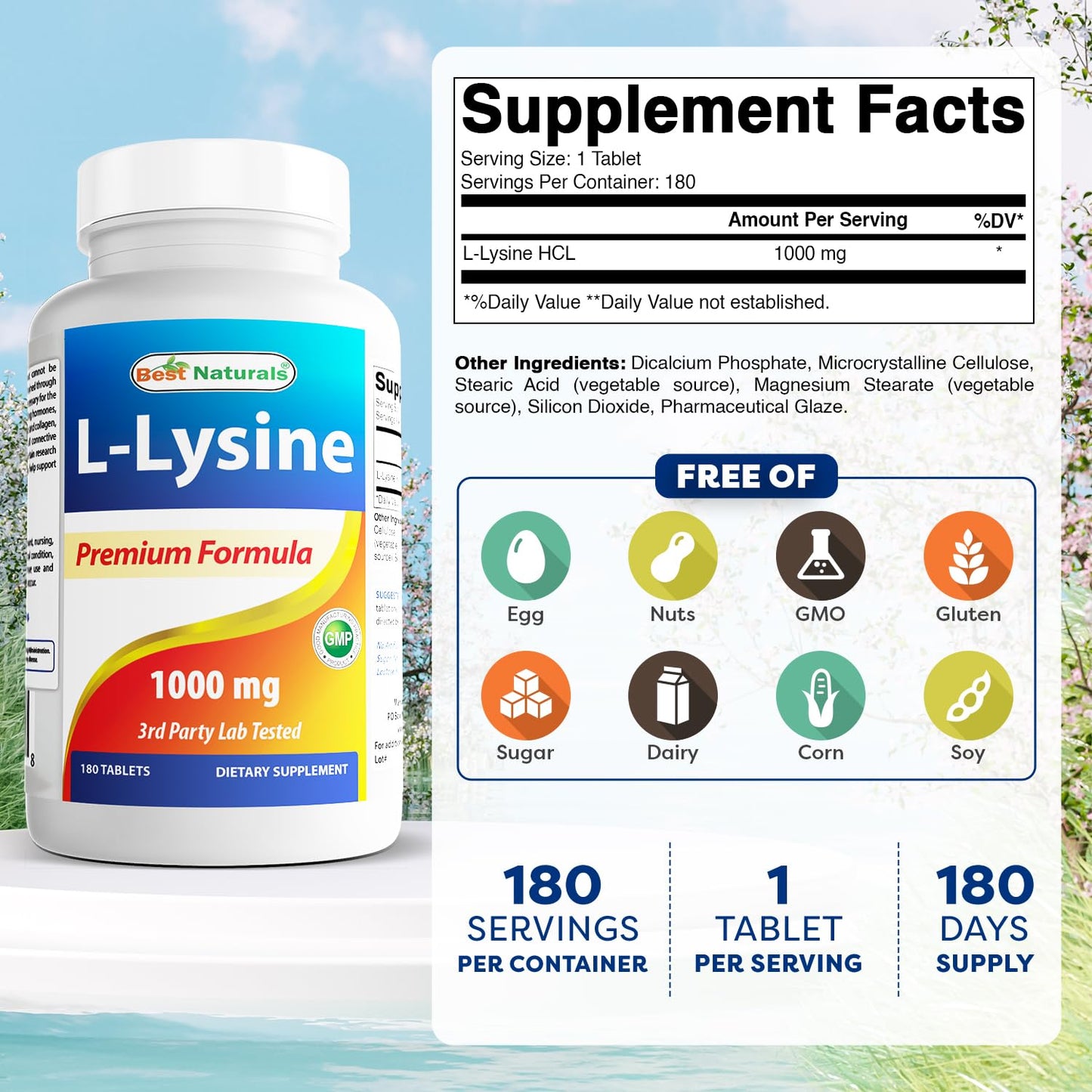 Best Naturals L-Lysine 1000mg – 180 Tablets per Bottle, 3 Bottles Pack