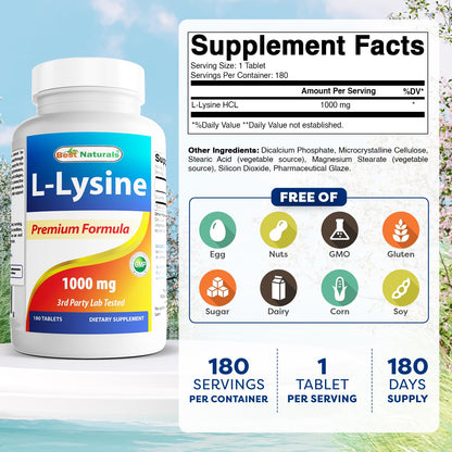 Best Naturals L-Lysine 1000mg – 180 Tablets per Bottle, 3 Bottles Pack