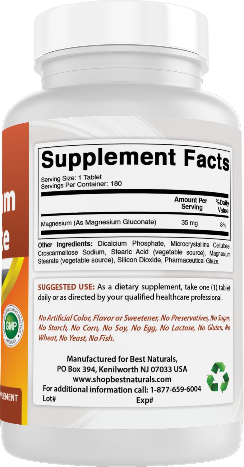 Best Naturals Magnesium Gluconate - 35 mg Mg from 600 mg Gluconate - 180 Tablets (Pack of 2)