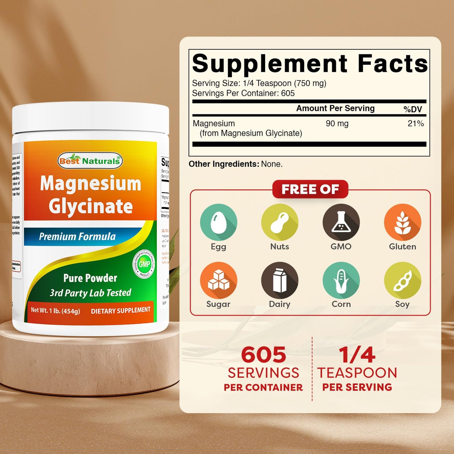 Best Naturals Magnesium Glycinate Powder - 1 Pound (1 LB (Pack of 2)) | 605 Servings