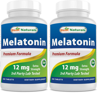 Best Naturals Melatonin 12 mg (365 Count Pack of 2) - Drug-Free Sleep Aid