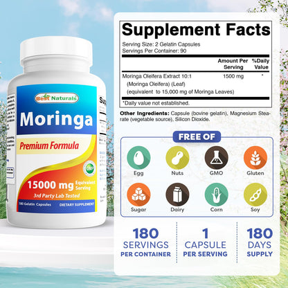 Best Naturals Moringa Extract 10:1 1500mg – 180 Capsules | Superfood for Healthy Wellbeing