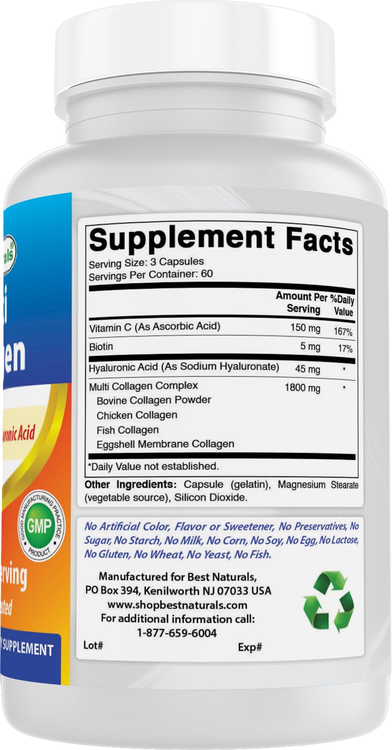 Best Naturals Multi Collagen Pills 2000mg – Hair, Skin & Nails | Types I, II, III, V, X | Biotin, Hyaluronic Acid & Vitamin C (Pack of 2)
