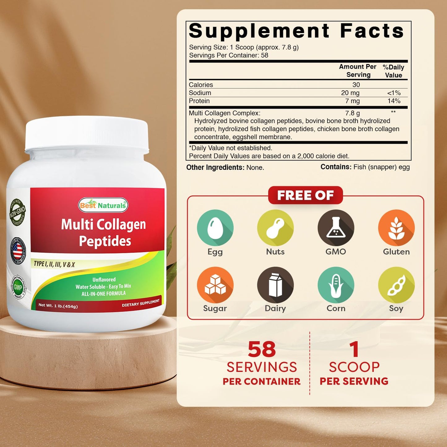 Best Naturals Multi Collagen Peptides Powder - Unflavored, 1 lb, Grass Fed