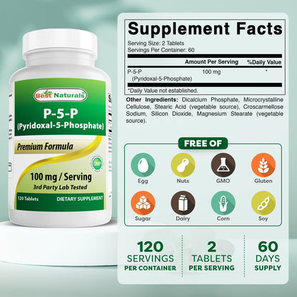 Best Naturals P5P Vitamin B6 100 mg – 120 Tablets (Pack of 2) – Active Pyridoxal 5-Phosphate