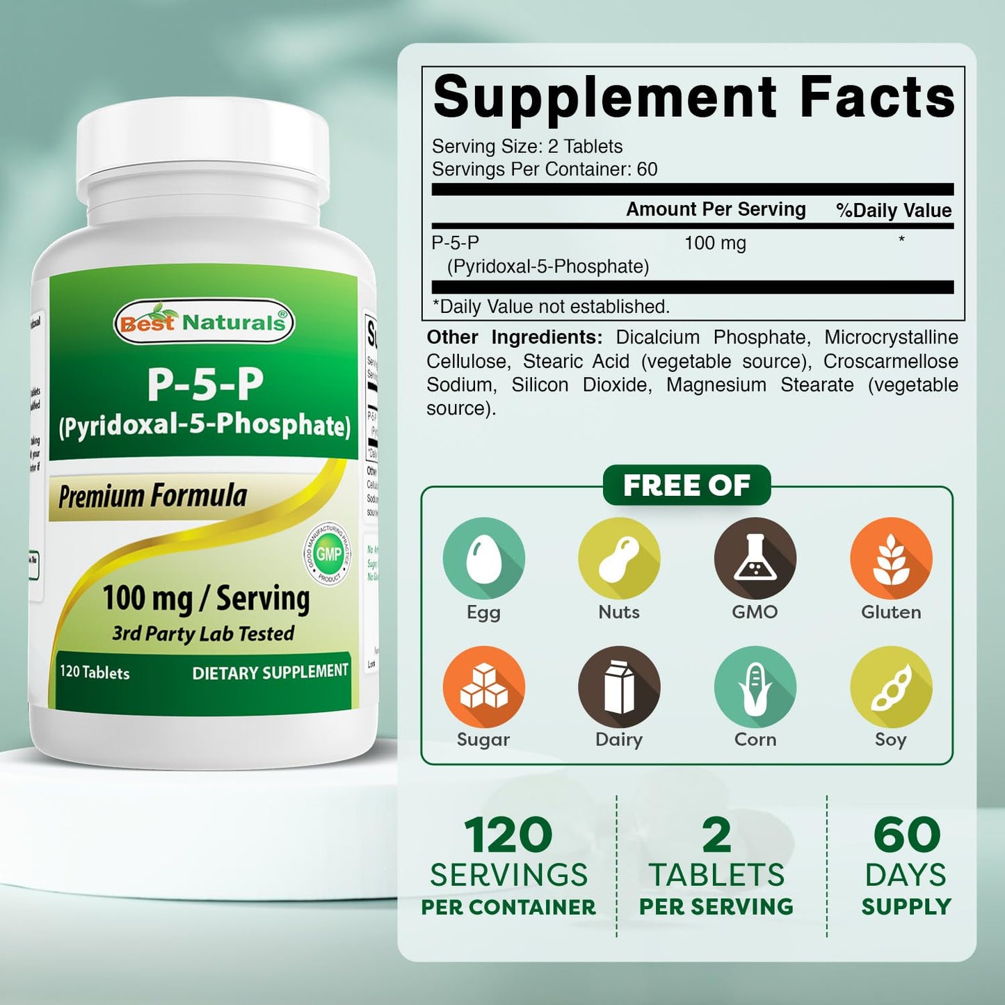 Best Naturals P5P Vitamin B6 100 mg/Serving - 120 Tablets (Pyridoxal 5 Phosphate)