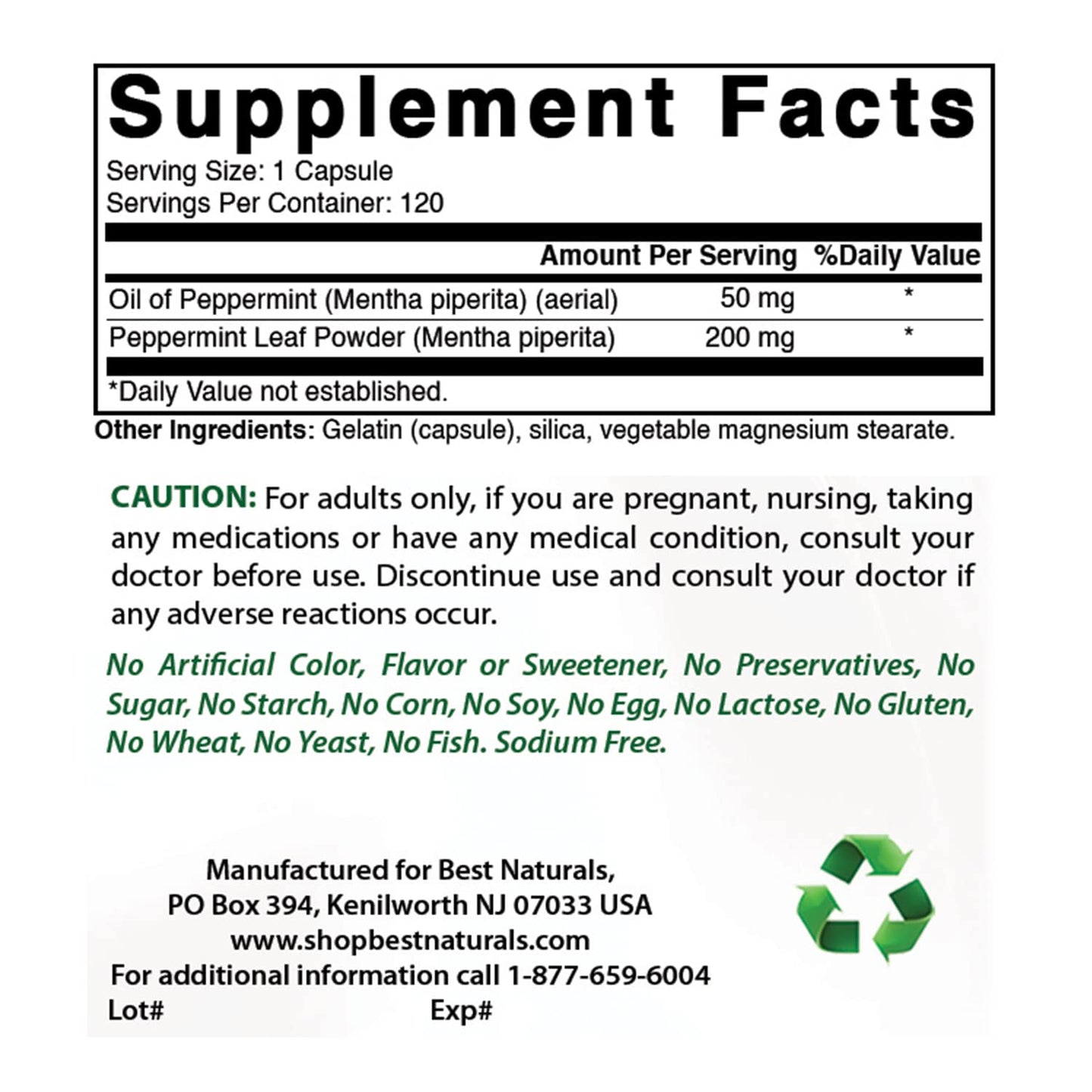 Best Naturals Peppermint Oil 250 mg 120 Capsules (120 Count (Pack of 3))
