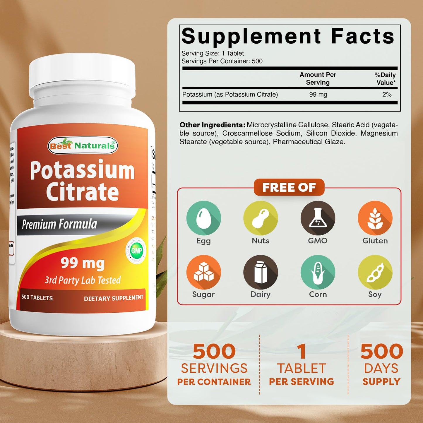 Best Naturals Potassium Citrate 99mg 500 Tablets – 3rd Party Lab Tested (Pack of 2)
