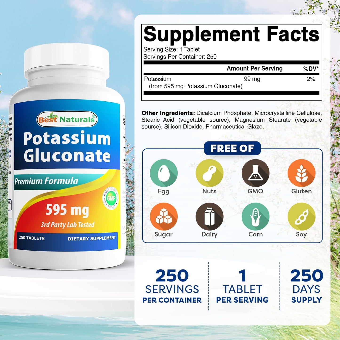 Best Naturals Potassium Gluconate 595 mg – 250 Tablets (Pack of 3) | Non-GMO & Gluten-Free