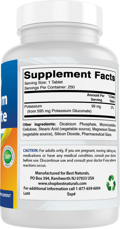 Best Naturals Potassium Gluconate 595 mg – 250 Tablets (Pack of 3) | Non-GMO & Gluten-Free