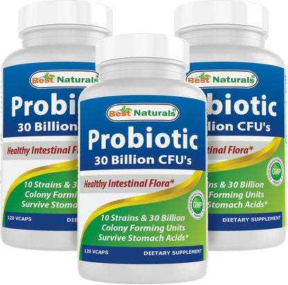 Best Naturals Probiotic 10 Strains – 30 Billion CFU, 120 Veggie Caps (Pack of 3)