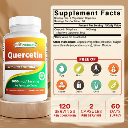 Best Naturals Quercetin 1000 mg per Serving | 120 Veggie Capsules (120 Count, Pack of 1)