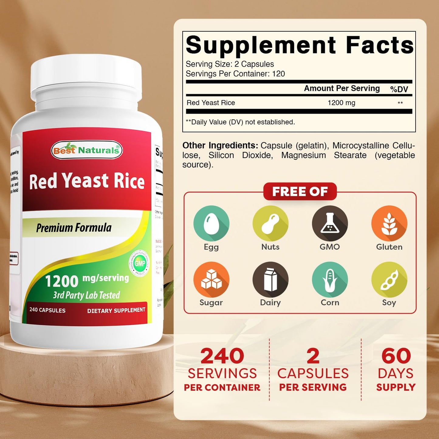 Best Naturals Red Yeast Rice 1200mg per Serving - 240 Capsules | Premium Formula, 3rd-Party Lab Tested