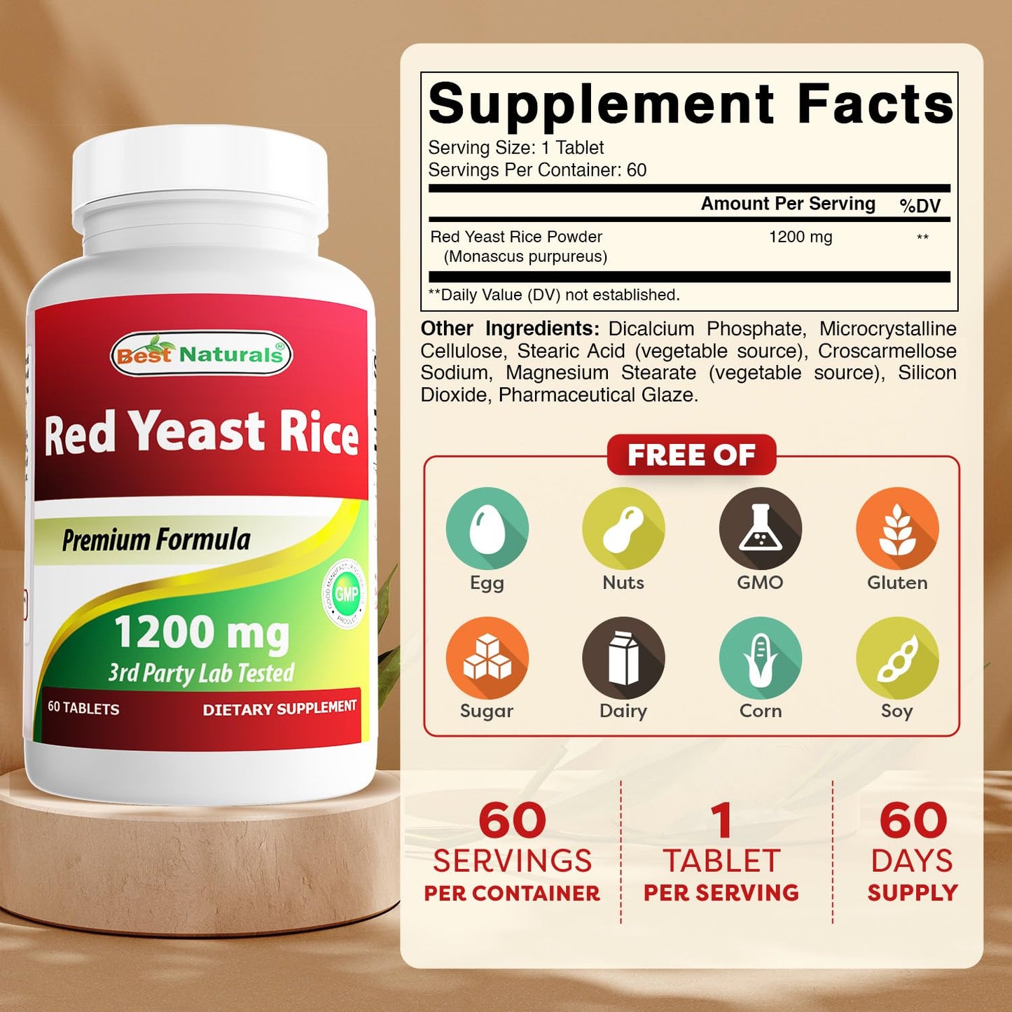 Best Naturals Red Yeast Rice 1200 mg – 60 Tablets (Citrinin Free) | Non-GMO & Gluten-Free