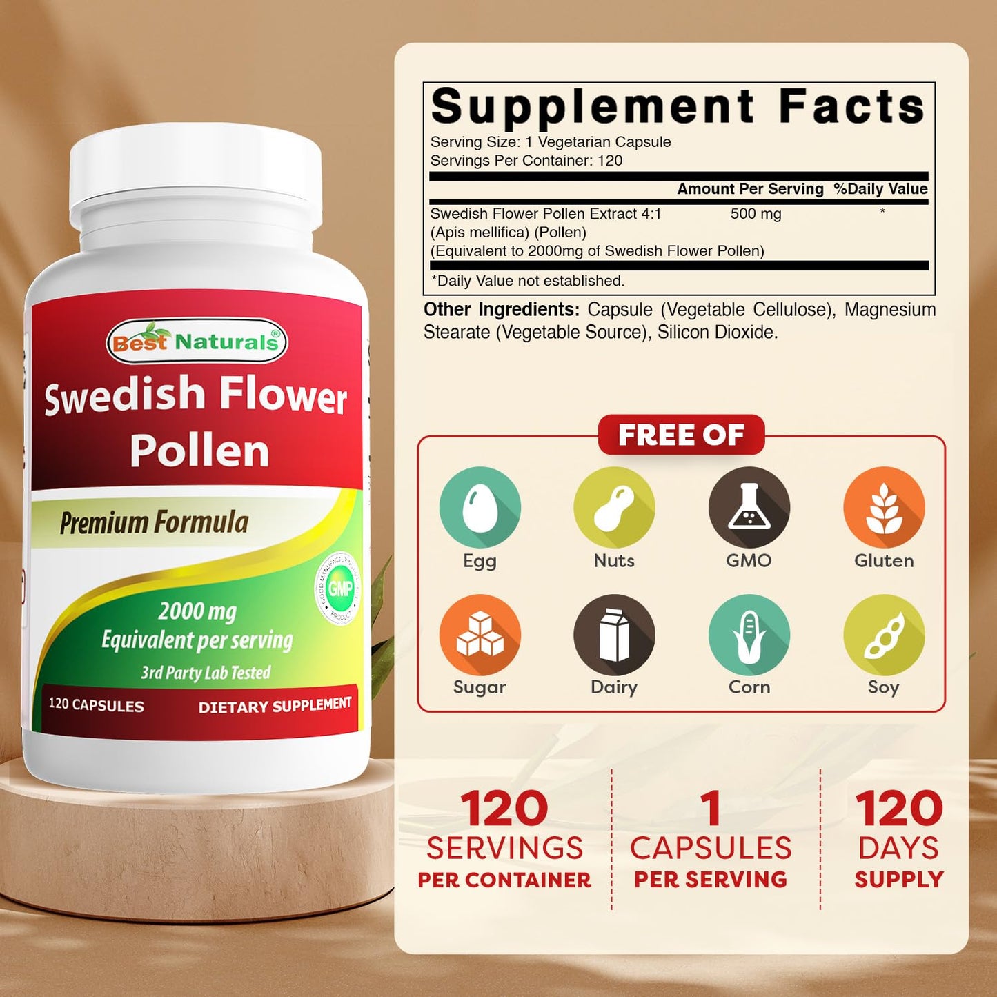 Best Naturals Swedish Flower Pollen 4:1 Extract 500 mg - 120 Capsules (Pack of 2)