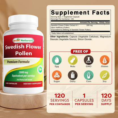 Best Naturals Swedish Flower Pollen 4:1 Extract 500 mg - 120 Capsules (Pack of 2)