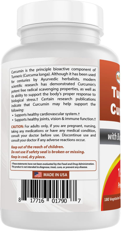 Best Naturals Turmeric Curcumin 1500mg with Bioperine – 180 Veggie Caps (Pack of 2)