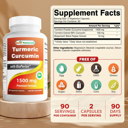 Best Naturals Turmeric Curcumin 1500mg with Bioperine – 180 Veggie Caps (Pack of 2)