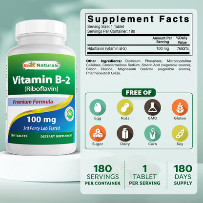 Best Naturals Vitamin B2 (Riboflavin) 100 mg - 180 Tablets per Bottle - Pack of 2 | Premium Formula | 3rd Party Lab Tested