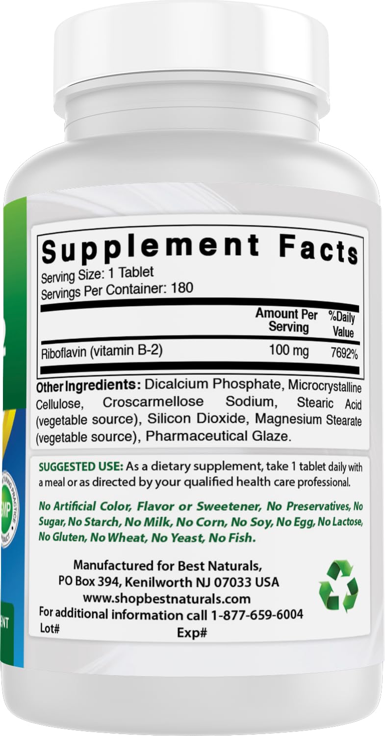 Best Naturals Vitamin B2 (Riboflavin) 100 mg - 180 Tablets per Bottle - Pack of 2 | Premium Formula | 3rd Party Lab Tested