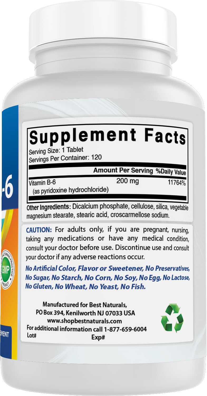 Best Naturals Vitamin B6 200mg for Adults – 120 Tablets (Pack of 2)
