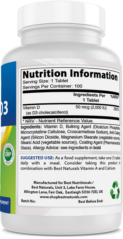 Best Naturals Vitamin D3 2000 IU (50 mcg) – 100 Tablets – Immune Support, Strong Bones & Muscle Function