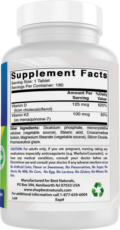 Best Naturals Vitamin K2 MK7 with D3 – 5000 IU Vitamin D3 & 100 mcg K2 MK7, 180 Tablets (Pack of 2)