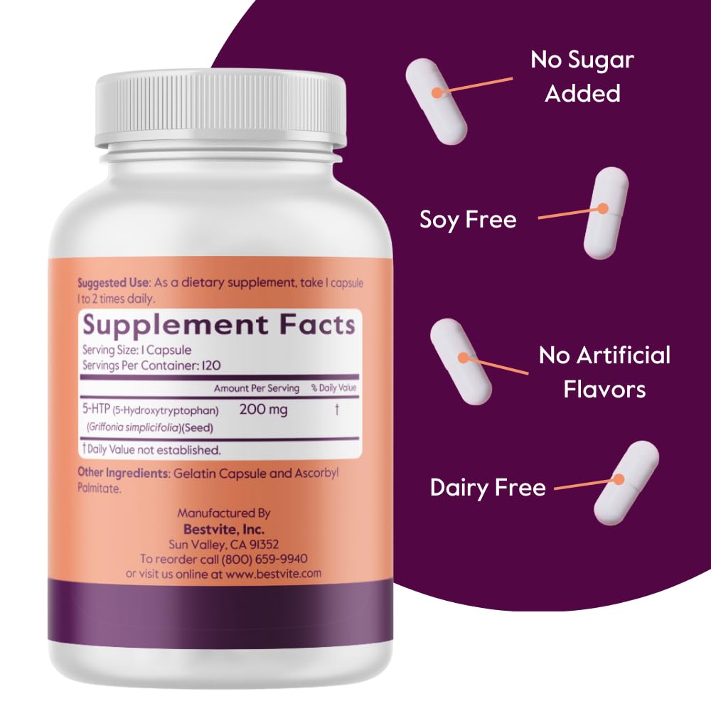 BESTVITE 5-HTP 200mg Capsule - 240 Caps | Gluten Free, Non-GMO, No Stearates