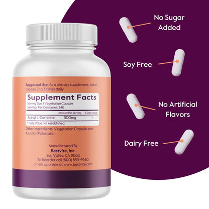BESTVITE Acetyl L-Carnitine 500mg – 240 Vegan Capsules, No Stearates, Gluten Free, Non-GMO