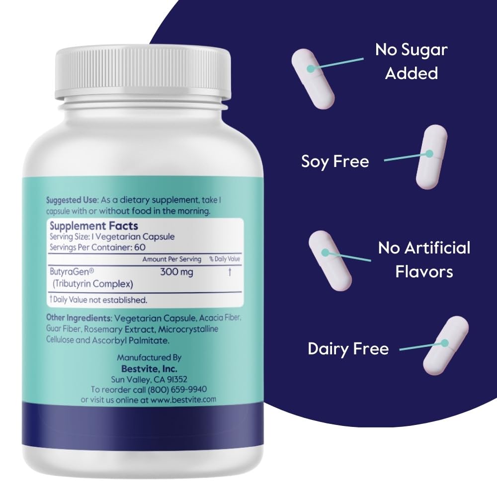 BESTVITE ButyraBoost 300mg Tributyrin Complex – 60 Veg Capsules – Gut Health