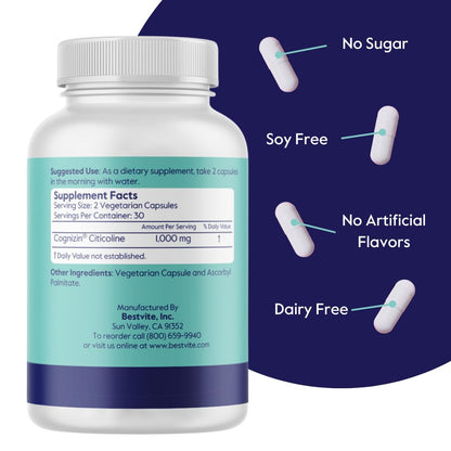 BESTVITE Cognizin Citicoline 500mg – Premium Nootropic for Memory & Focus (60 Veg Capsules)