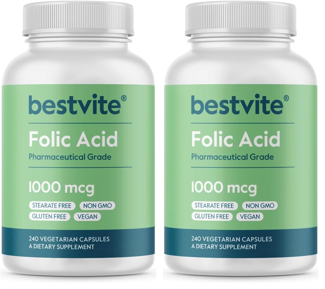 BESTVITE Folic Acid 1000mcg – 240 Vegetarian Capsules (Pack of 2) – No Dicalcium Phosphate, No Stearates, No Silicon Dioxide – Gluten Free, Non-GMO, Vegan