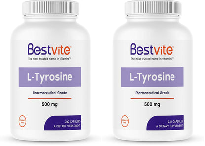 BESTVITE L-Tyrosine 500mg (240 Capsules) – Pack of 2 – No Stearates, Non-GMO, Gluten Free