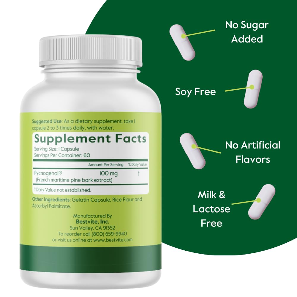 BESTVITE Pycnogenol 100mg (60 Capsules) – French Maritime Pine Bark Extract – Gluten Free, Non-GMO, No Stearates