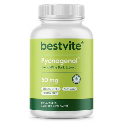 BESTVITE Pycnogenol 50mg (60 Capsules) - French Maritime Pine Bark Extract - No Stearates - Gluten Free - Non GMO