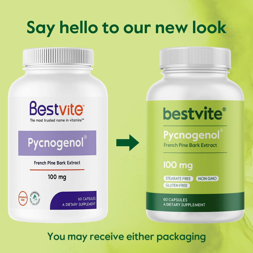 BESTVITE Pycnogenol 100mg (60 Capsules) – French Maritime Pine Bark Extract – Gluten Free, Non-GMO, No Stearates